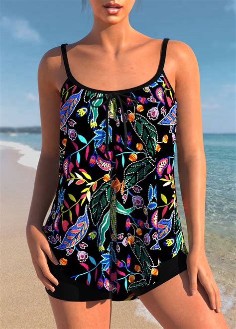 Plus Size Leaf Print Black Tankini Set