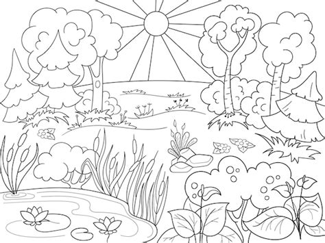 Premium Vector | Cartoon coloring book black and white nature glade in the forest with plants