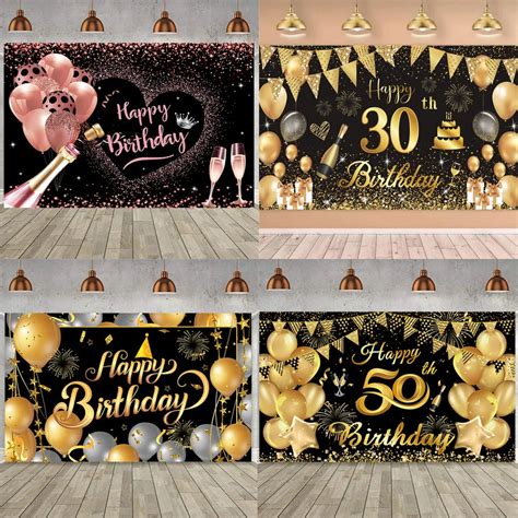 Rose Gold Black Happy Birthday Party Backdrops Banner Adult Theme Party Decoration Diy Party