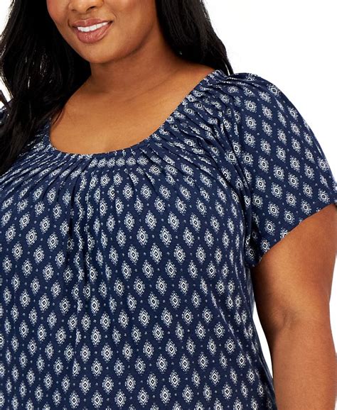 Style And Co Plus Size Printed Pleat Neck Top Created For Macys Macys