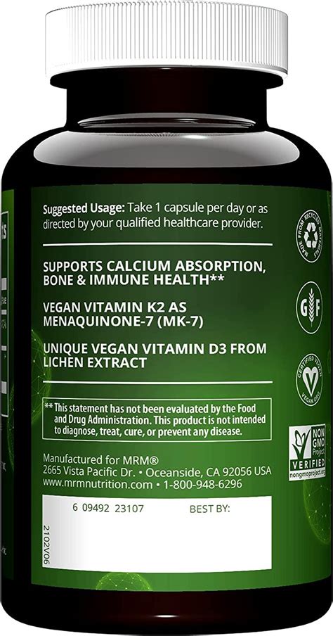 Mrm Vegan Vitamin D3 And K2 60 Plant Based Capsules For Immune Support