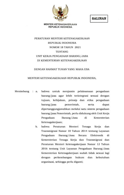 Permenaker Peraturan Menteri Ketenagakerjaan Republik