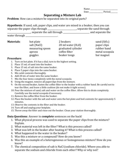 Name Date Period Separating A Mixture Lab Problem