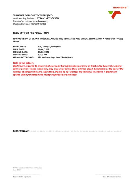 Fillable Online Transnet Request For Quotation No TPT CT 06 21 Fax