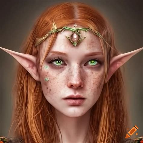 Portrait Of A Beautiful Elven Woman With Auburn Hair And Green Eyes On