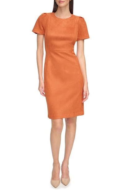 Calvin Klein Faux Suede Short Sleeve Sheath Dress In Rust Modesens