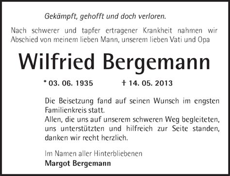 Traueranzeigen von Wilfried Bergemann Märkische Onlinezeitung