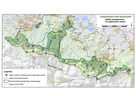 Mapa szlaków do wędrówek z psami oraz informacja o szlakach zamkniętych