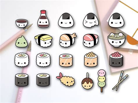 Kawaii Sushi Food Stickers Fun Foods Set Of 21 G1197 Etsy