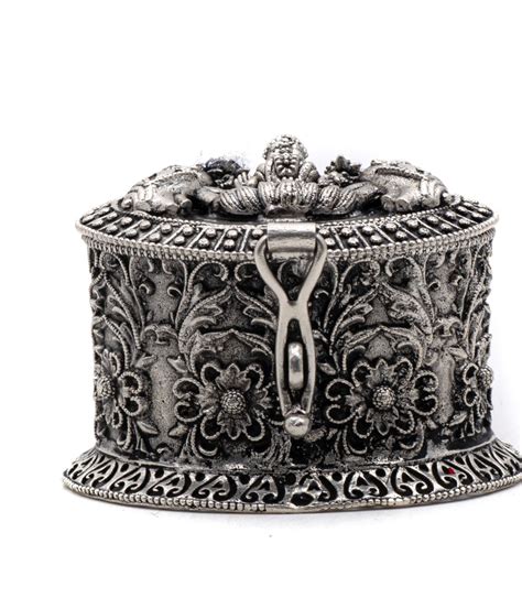 Antic Finish Handcrafted Gajalakshmi Kumkum Box In Pure Silver Silver