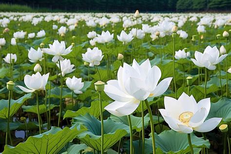 Many White Lotuses Are Blooming In Field Background High Resolution