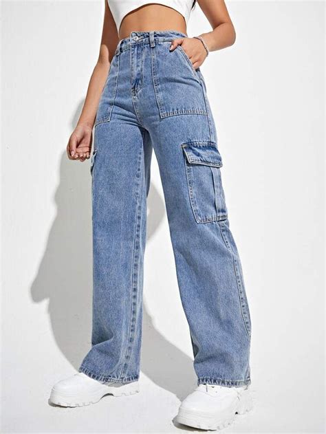 Free Returns Free Shipping On Orders 49 High Waisted Flap Pocket Cargo Jeans Jeans At Shein