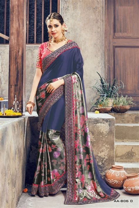 Navy Blue And Pink Crepe Satin Wedding Wear Saree Crepe Silk Sarees