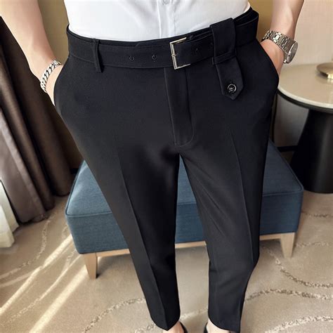 Spring Summer Mens Suit Pants Slim Business Office Elastic Waist Black