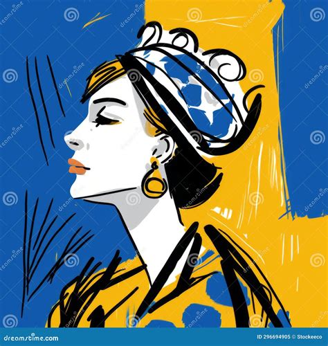 Retro Glamor Fashion Illustration Of Woman Wearing Blue And Yellow Head