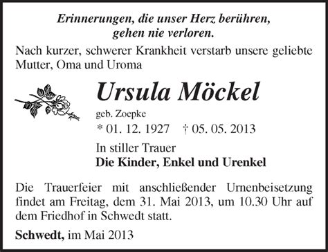 Traueranzeigen Von Ursula M Ckel M Rkische Onlinezeitung Trauerportal