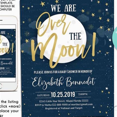 Over The Moon Baby Shower Invitation Template Celestial Baby Etsy