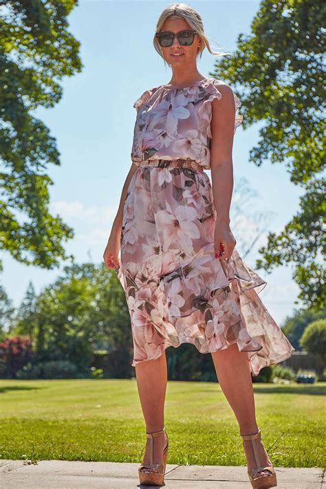 Floral Frill Fit And Flare Midi Dress In Light Pink Roman Originals Uk