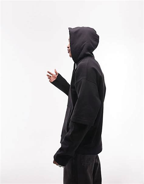 Topman Oversized Heavywieght Hoodie With Layered Sleeve In Black Asos