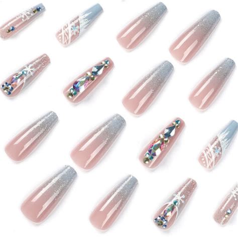 24pcs Christmas False Nail Diamond Long Coffin Press On Nails For Nail Art Salon Ebay