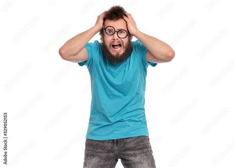 Crazy Scared or Surprised Man with funny Curly Hair in eye Glasses ...