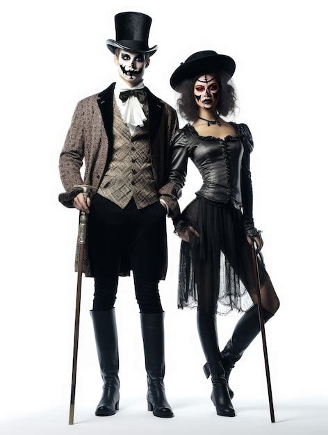 Premium Ai Image Full Length Portrait Of A Mime Couple Posing With Cane Against White Background