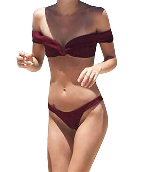 Womens Off Shoulder V Neck Bikini Set Low Waist Triangle Bathing Suit
