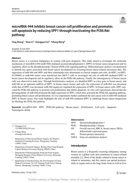 MicroRNA 944 Inhibits Breast Cancer Cell Proliferation And Promotes