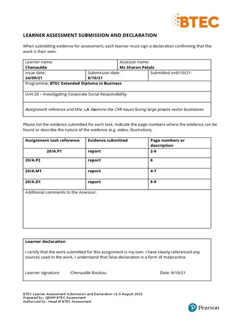 Learner Assessment Submission And Declaration Template Pdf