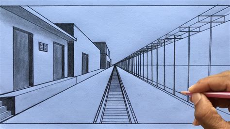 One Point Perspective Train Track Drawing