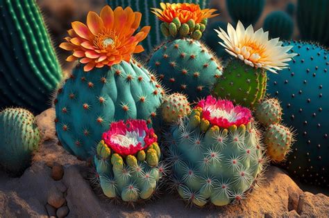 Premium Photo Prickly Succulents With Bright Cactus Flowers In Desert