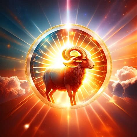 Ram Zodiac Sign in Circle with Sun Rays and Clouds on Background AI ...