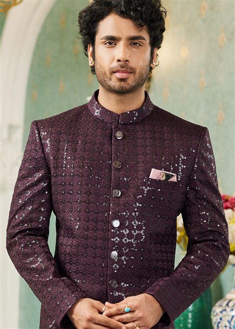 Wine Readymade Mens Art Silk Jodhpuri Suit In Bandhgala Style Mw