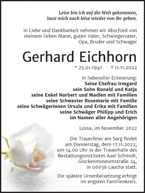 Traueranzeigen Von Gerhard Eichhorn Abschied Nehmen De