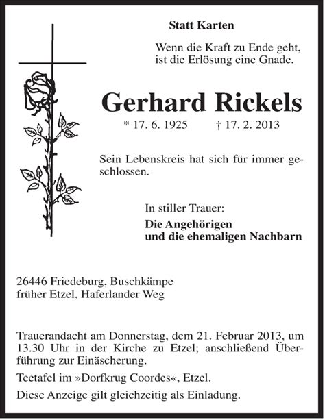 Traueranzeigen Von Gerhard Rickels Nordwest Trauer De