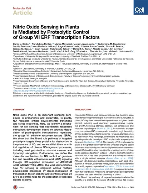 Pdf Nitric Oxide Sensing In Plants Is Mediated By Proteolytic Control