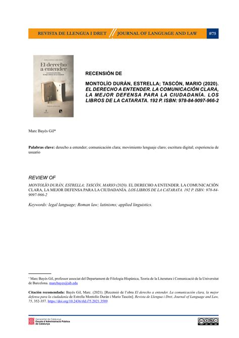 Pdf Recensión De Montolío Durán Estrella Tascón Mario 2020 El Derecho A Entender La