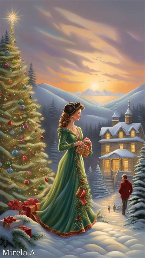 A Painting Of A Woman Standing In Front Of A Christmas Tree