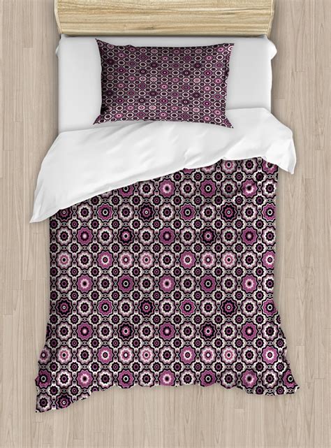 Purple Duvet Cover Set Alluring Flowering Nature Circular Geometric Pattern Of Floral