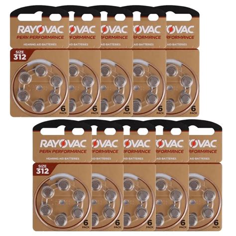 Hearing Aid Batteries 60pcs 10 Cards Rayovac Peak 1 45v 312 312a A312 Pr41 Zinc Air