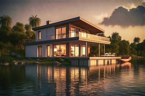 Una Casa Sobre El Agua Con Vista Al Lago Y La Puesta De Sol Foto Premium