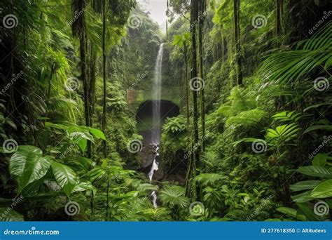 Majestic Waterfall Cascading Into Lush Jungle Valley Stock Illustration