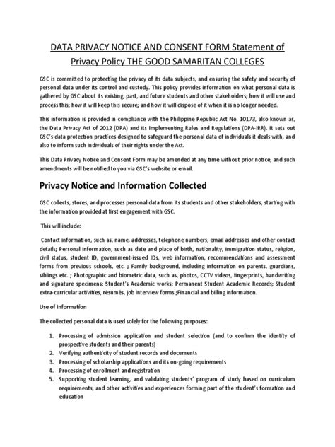 Data Privacy Notice And Consent Form Statement Of Privacy Policy The Good Samaritan Colleges