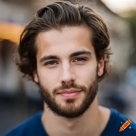 Portrait Of A Handsome 21 Year Old French Man With Brown Hair And Blue