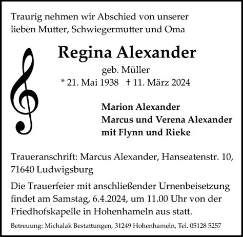 Traueranzeigen Von Regina Alexander Trauer Anzeigen De