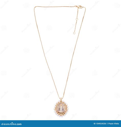 Golden Chain Necklace With Pendent On The White Background Stock Photo