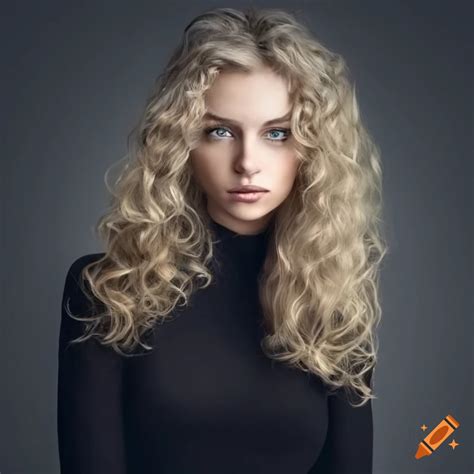 Beautiful Woman With Long Curly Blond Hair Grey Eyes Wearing A Black