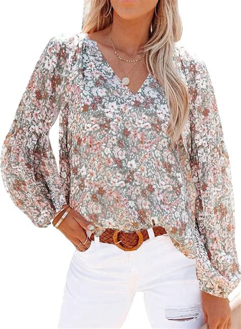 Shewin Womens Casual Boho Floral Print V Neck Long Sleeve Loose