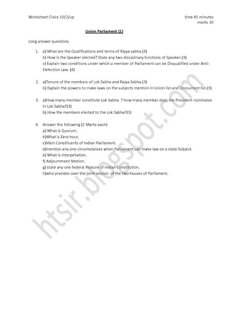 Union Parliament Important Questions Cum Worksheet For Class Icse