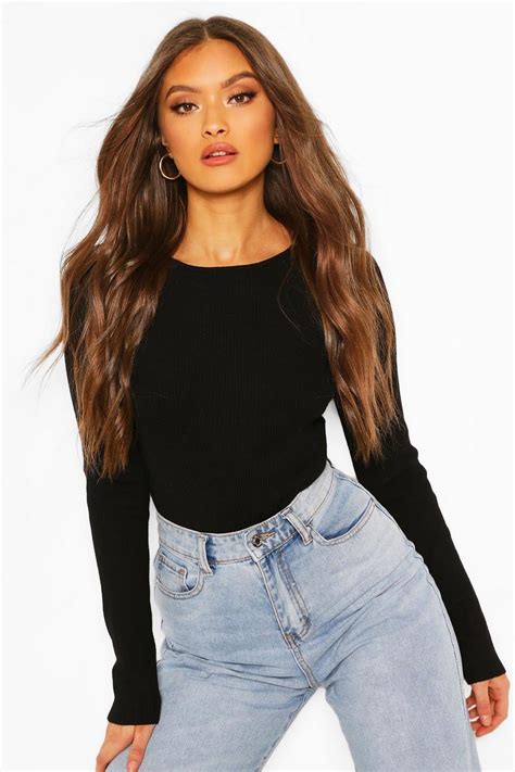 Rib Knit Long Sleeve Knitted Bodysuit Boohoo